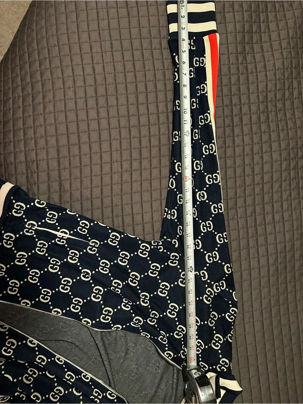 Gucci Navy GG Monogram Bomber Jacket with Red & White Stripes